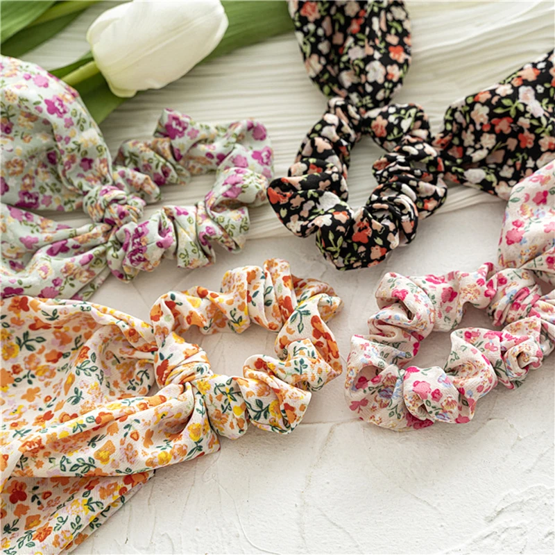 

Spring Floral Printed Ponytail Hair Ties For Women Elastic Hairbands Streamers Bow Hair Scrunchies Ring Girls Hair Accessories