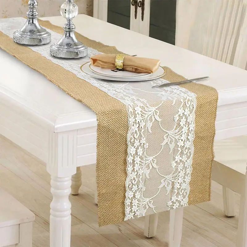

Table Runner Vintage Retro Burlap Linen Jute Table Gadget Champagne Wedding Dining Room 30*275cm Cloth Christmas Restaurant