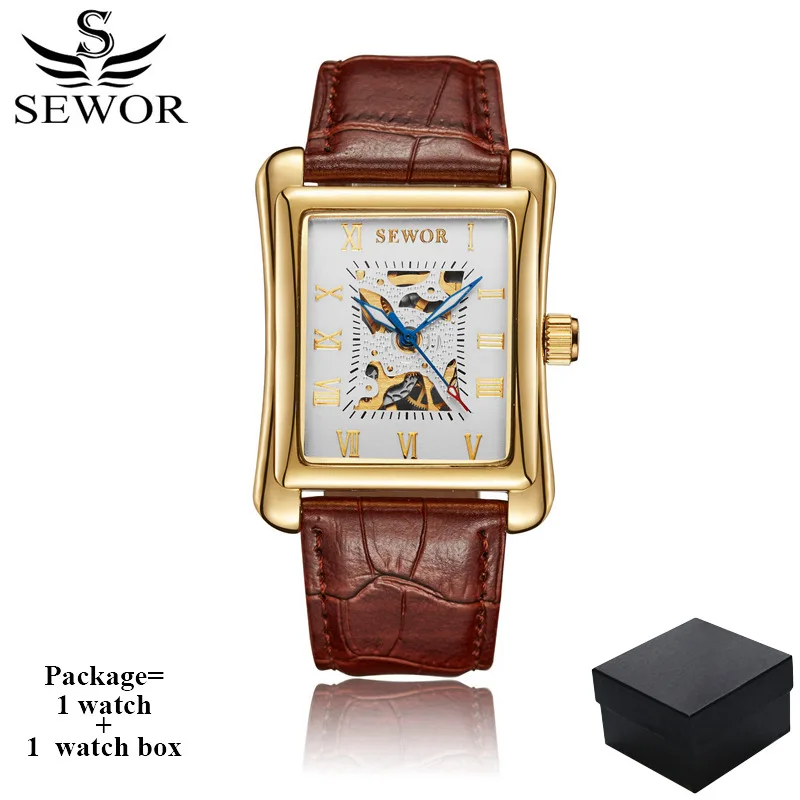 Часы SEWOR мужские механические с кожаным ремешком прямоугольные Роскошные