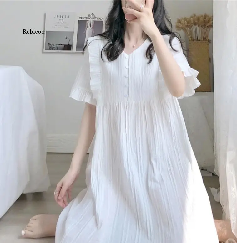 

V-neck white nightdress explosion net red skirt can be worn outside cotton night dress female summer home service bathrobe