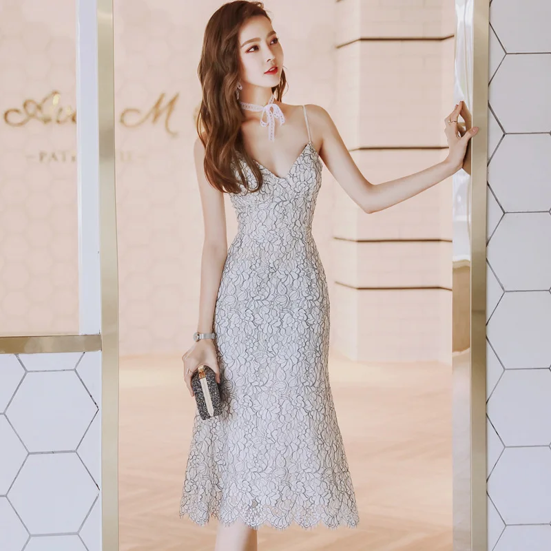 

Summer High-end Women Dresses V Neck Spaghetti Strap Maxi Dress Elegant Bandage Sexy Party Bodycon Sheath Lace Dress Vestidos