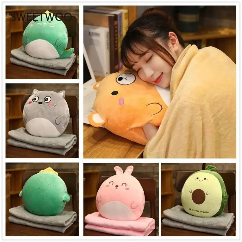 

Cartoon Animal Pillow Blanket 3 In1 Stuffed Hand Warmer Bag Cute Cushion Blanket Home Car Travel Pillow for Children Girl Gift