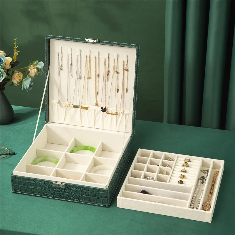 Большой двухслойный органайзер для ювелирных изделий с тиснением под крокодила