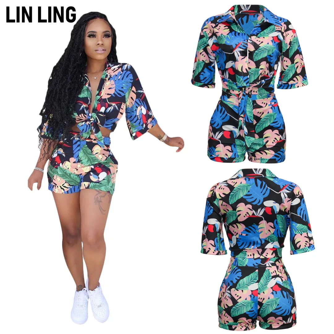 

LINLING Summer Sexy Floral Print Lapel Pullover Shirt Vintage Medium Sleeve Sports Shorts Two Piece Suit