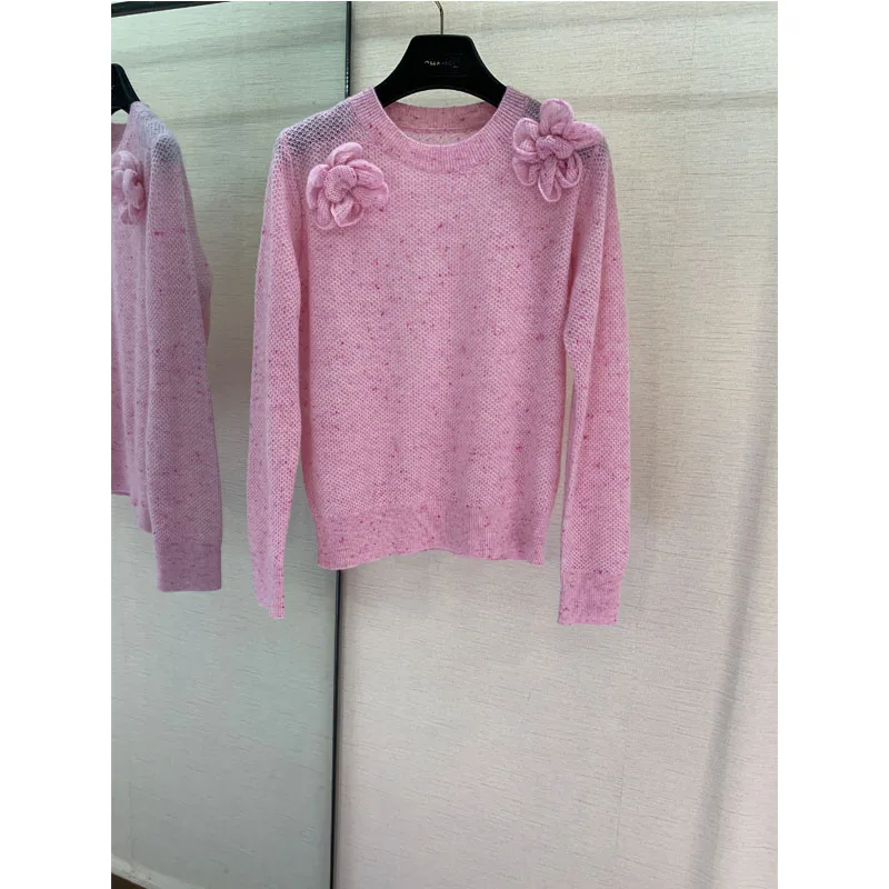 Коко свободный свитер трехмерный цветок круглый вырез вязаный с длинными