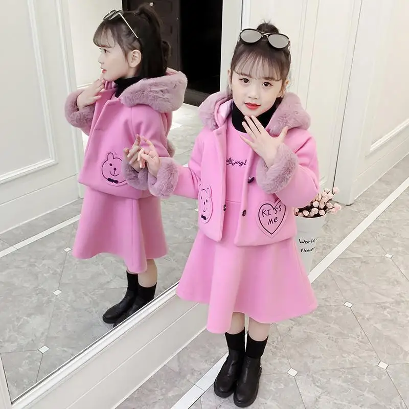 

Winter Woolen Girls Sets New 2021 Korean Version Fashion Princess Dress Two-Piece Suit Skirt Casual Hooded Children's Clothing