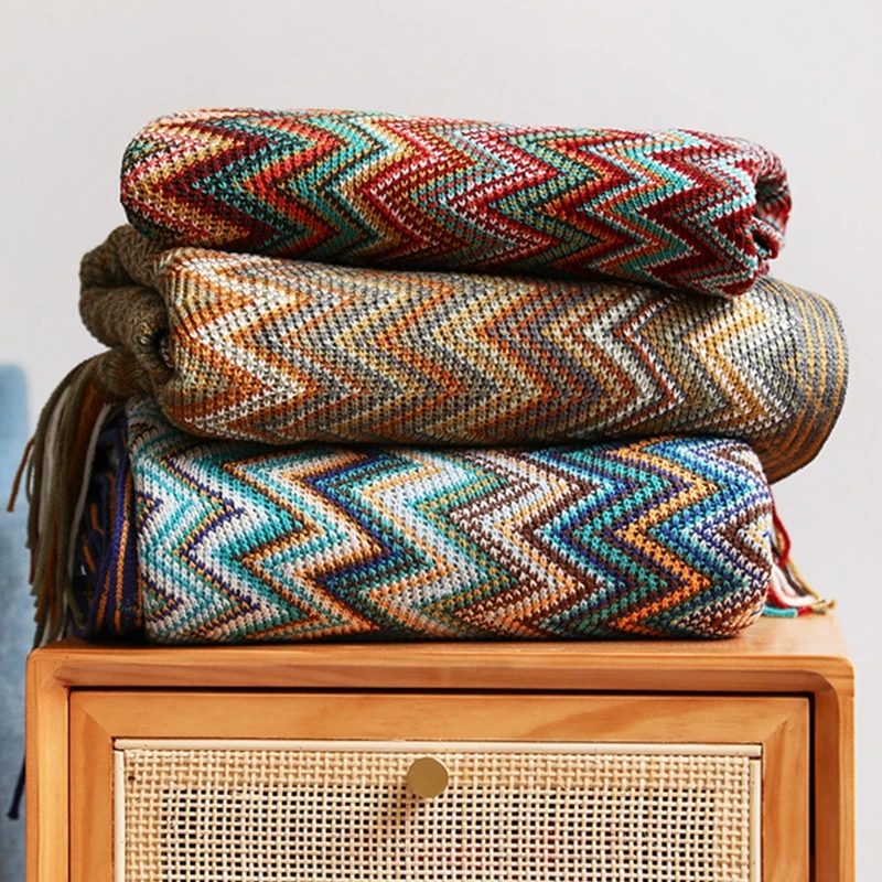 

Bohemian Throw Blanket with Fringe Tassel Colorful Wavy Striped Pattern Travel Knitted Shawl Sofa Couch Chair Bed Cover