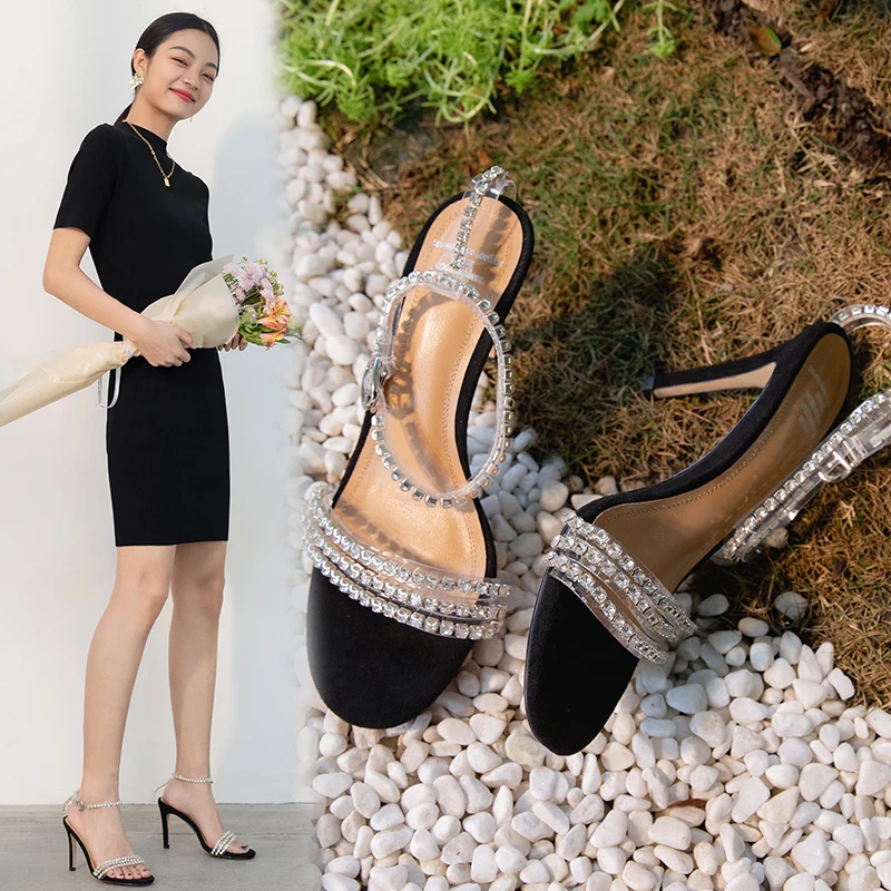 

New Arrival 2021 Summer Sandals For Girls crystal Decoration Genuine Leather High Heels Pumps ankle strap Wedding Shoes Woman