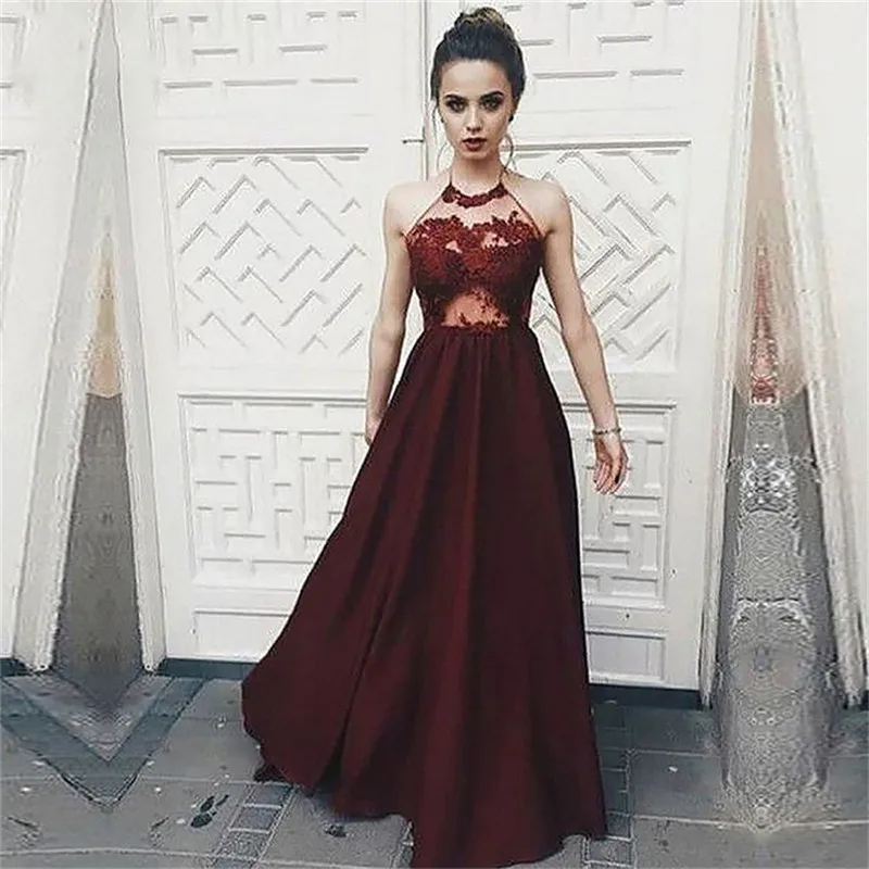Simple Burgundy Halter Neck A Line Prom Dresses Lace Appliques Sexy Backless Custom Made Formal Special Occasion Party Gowns | Свадьбы и