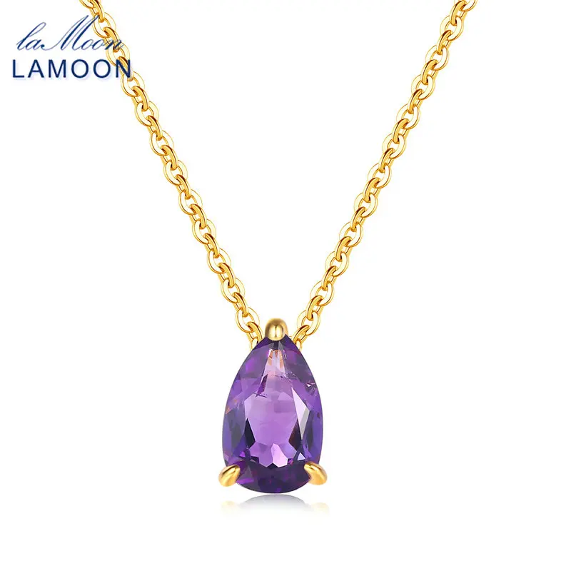 LAMOON Pendant Necklace For Women Water Drop 100% Natural Amethyst 925 Sterling Silver Gold Plated Fine Jewelry Gift LMNI072