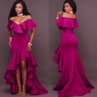 dark fushia prom dresses mermaid south african off the shoulder evening gowns high low ruffles plus formal party dress cheap