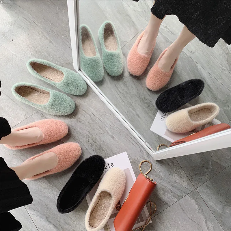 

Candy Color Pink Green Fur Flats Women Fashion Fall Winter Furry Loafers Casual Basic Slip On Ballet Shoes Classics Moccasins