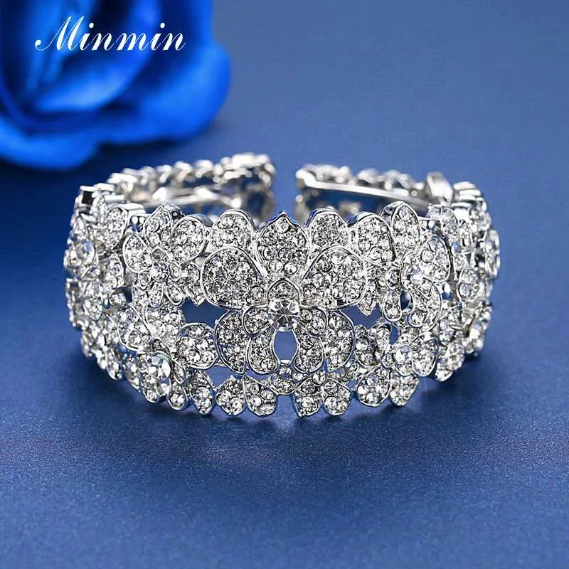 421silver Minmin широкий золотой цвет кристалл браслет синтетический жемчуг браслет женский невесты Шарм браслет регулируемый Свадебные ювелирные изделия MSL324 - Окраска металла: 421silver