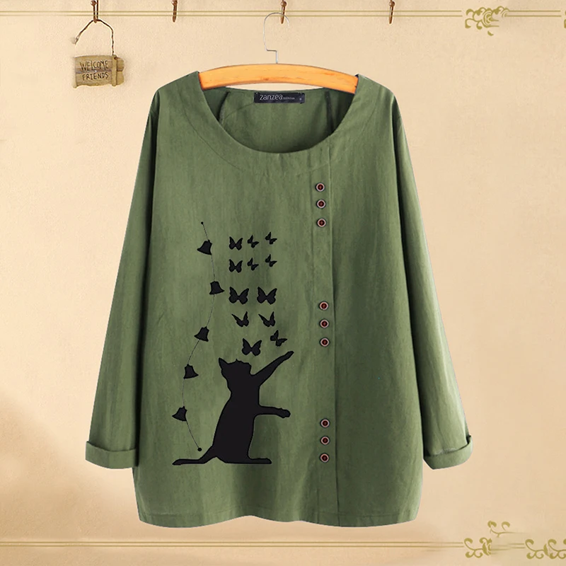 Style 2 Army Green ZANZEA, осенняя блузка, Женская Повседневная рубашка с длинным рукавом, женские блузки с цветочным принтом, Женские винтажные топы с принтом, хлопковые льняные блузки - Цвет: Style 2 Army Green