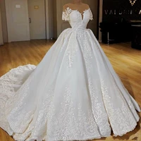 luxury satin ball gown wedding dresses cap sleeves sheer neck lace appliqued wedding dress bridal gowns vestido de noiva