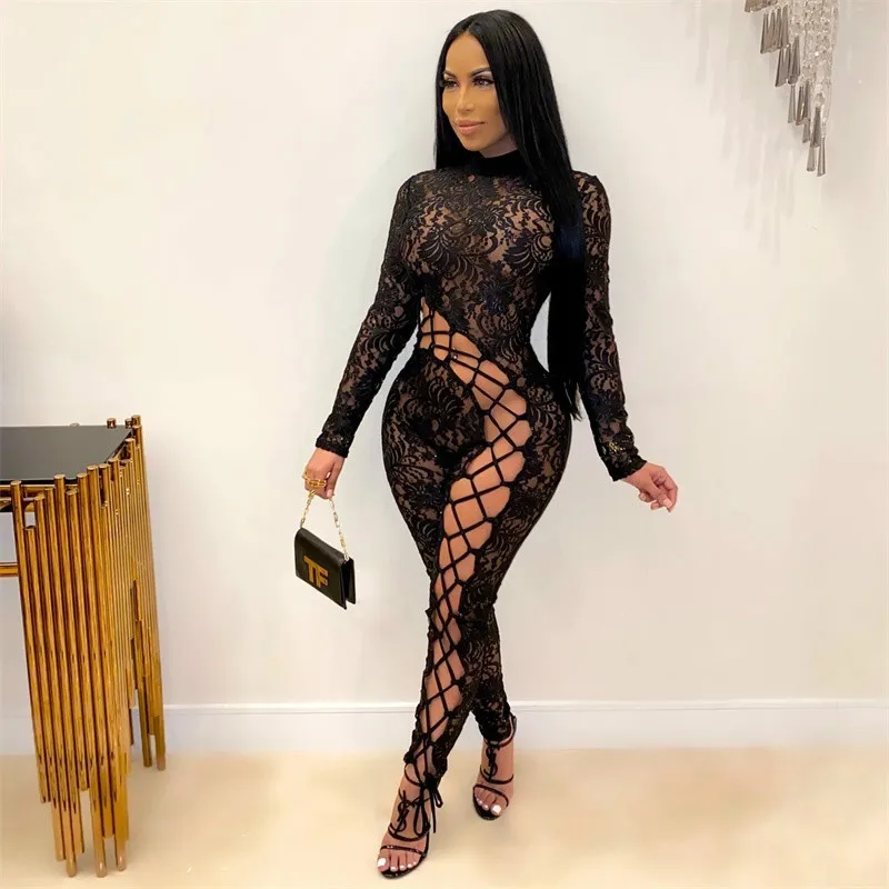 

Sexy Lace Transparent Female Bodysuit Fashion Side Lace Up Long Sleeve Solid Color Jumpsuit 2020 New Women's Clothes