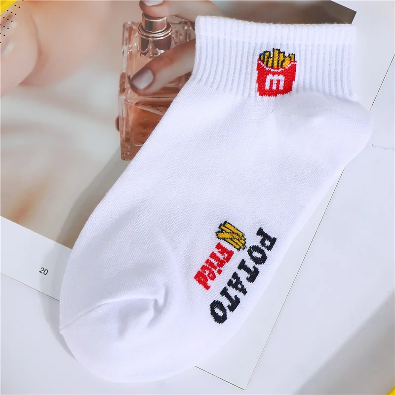 Веселые летние носки с героями мультфильмов для девочек белые kawaii Носки до щиколотки унисекс милые короткие носки для пиццы - Цвет: French fries