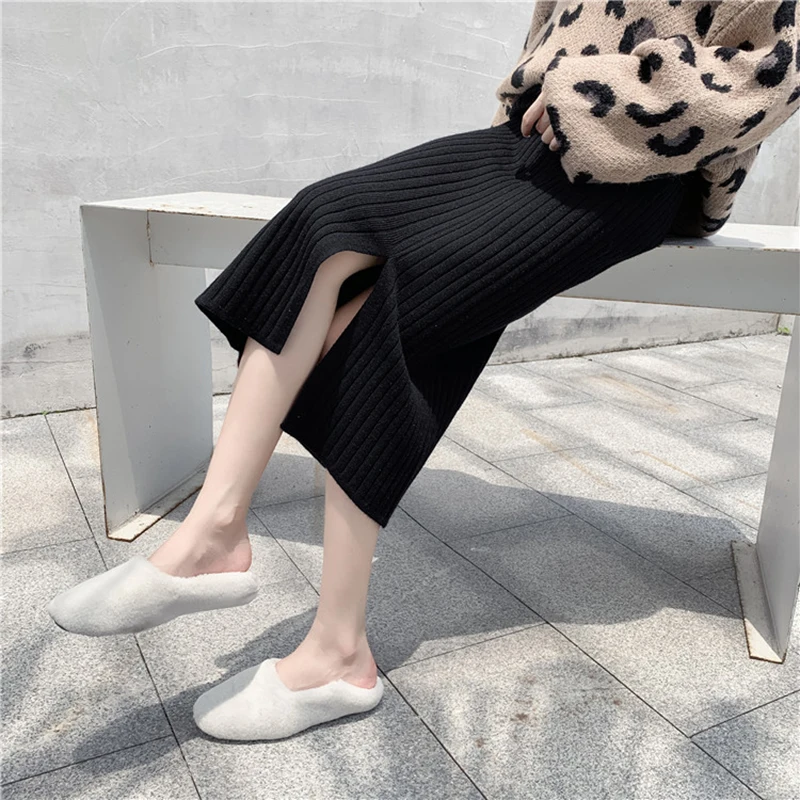 

2020 Autumn Winter Long Pencil Skirt for Women High Waist Straight Vintage Knitted Skirts Plus Size Solid Thick Casual Skirts