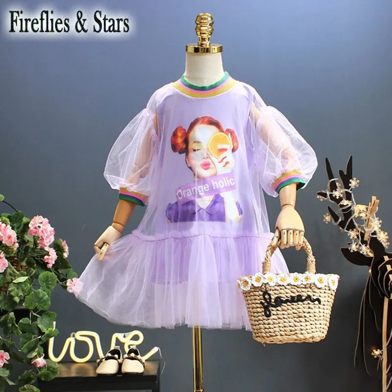 Summer girls dress baby kids streetwear Children vestidos Europe girl puff sleeve mesh cape rainbow rib 4 to 14 yrs | Детская одежда и