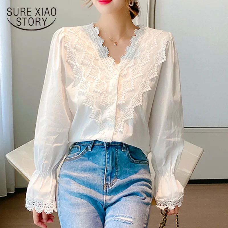 Женская кружевная блузка с длинным рукавом винтажная белая рубашка V-образным