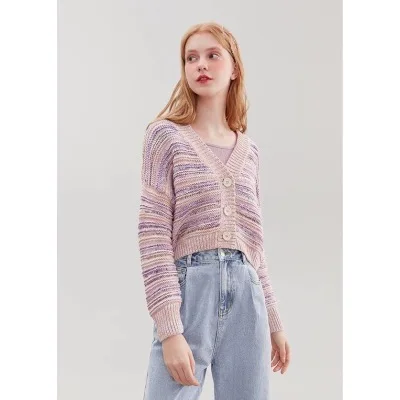 

Autumn Rainbow Stripe Patchwork Knit Sweater Short V Neck Cardigan Elegant Fashion Womens Sweaters