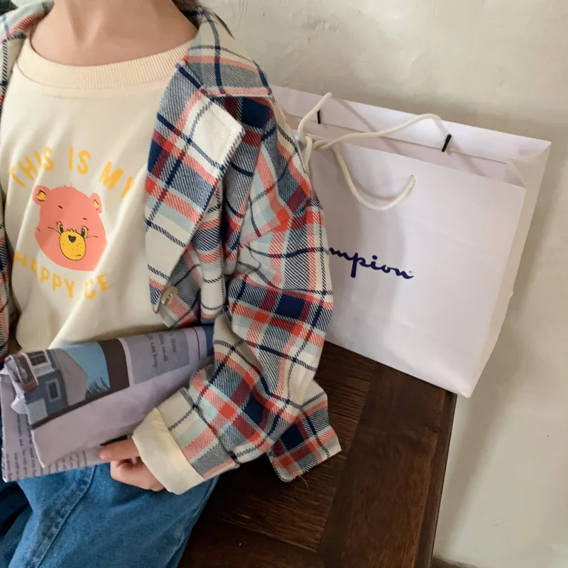 

Autumn boys girls casual plaid suit coats siblings loose single-breasted cardigan children mid-length outwears