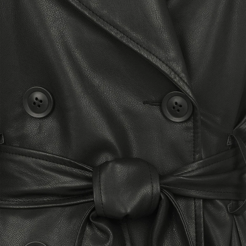 

Ladies Casual Big Turn Down Collar Pu Leather Jacket Women's Vintage Double-Breasted Pockets Belt Trench Coat 2020 Winter New