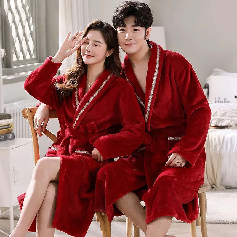 

Lovers Robe Kimono Bath Gown Nightgown Loose Sleepwear Nightdress Bathrobe Coral Fleece Nightwear Home Dress Intimate Lingerie