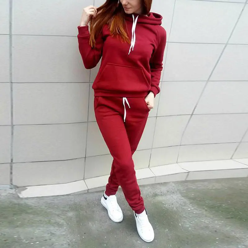 

Autumn Winter 2 Piece Set Women Hoodies Tops Pants Long Sleeve Lady Drawstring Trousers Pockets Tracksuit Suits SWD889