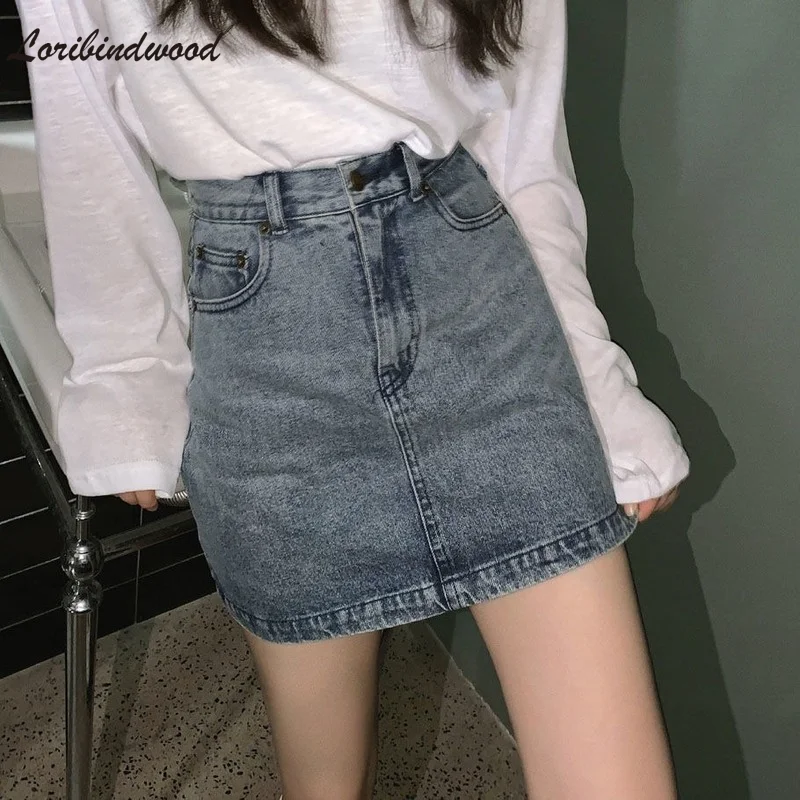 

Denim Skirt for Women Spring New Small Retro High Waist All-Matching A- line Sheath Short Skirt Fashion