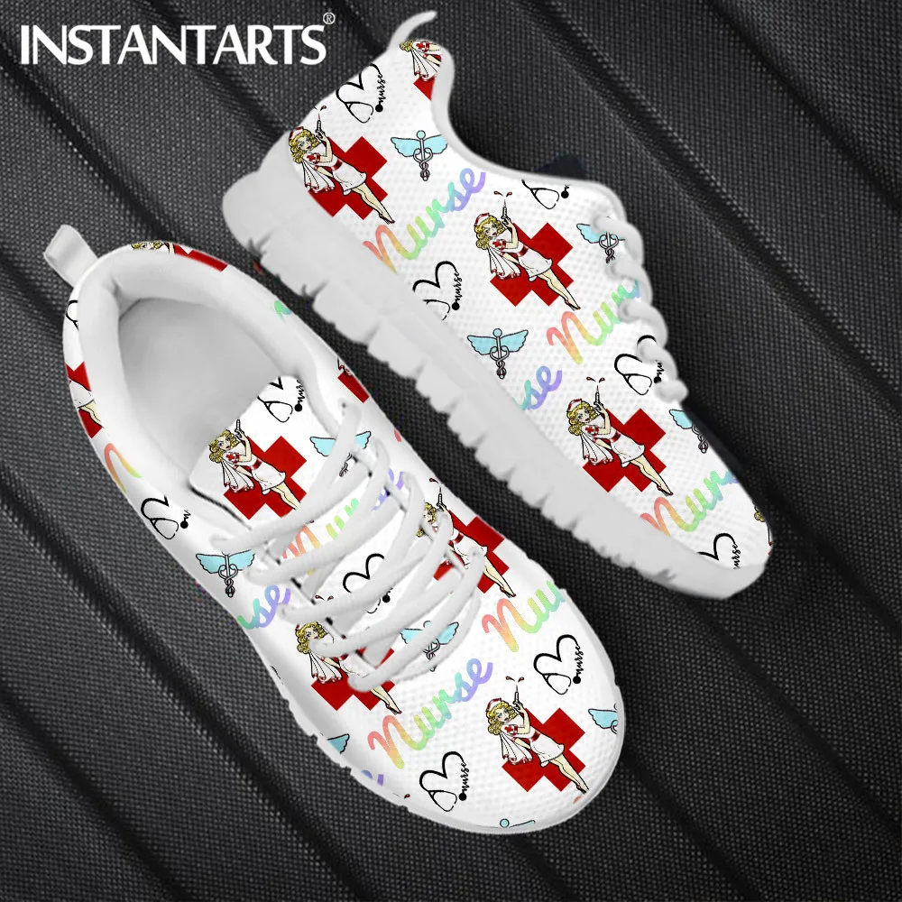 

INSTANTARTS New Nurse Shoes Medical Design Women Outdoor Lace-up Flat Sneakers Mesh Breathable Walking Footwear Zapatillas Mujer