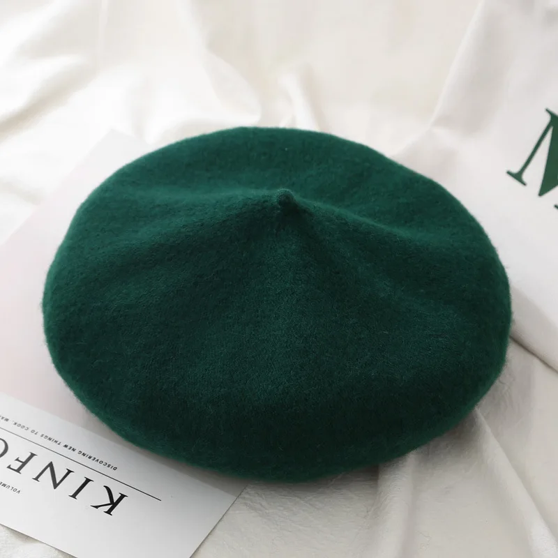 dark green Новинка, 23 Цвета, женская зимняя шапка, берет, Женская шерстяная хлопковая шапка, шапка для девочек, шапки, шапка s, черный, белый, серый, шапка Boinas De Mujer - Цвет: dark green