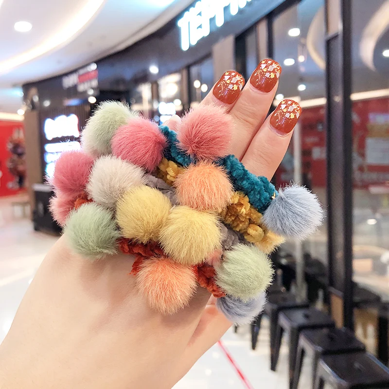 Новые зимние детские милые эластичные резинки для волос с искусственным мехом