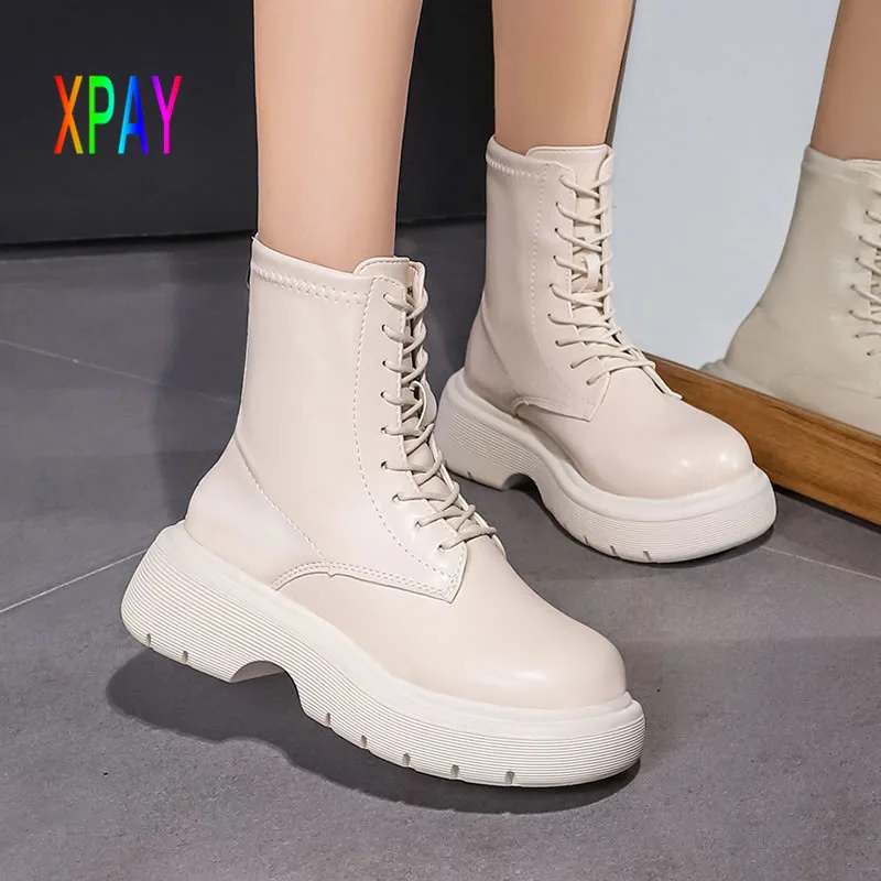 

Women's Martin Boots 2021 Winter Boots Fashion Thick-soled Leather Platform Women's Boots Black Round Toe Ladies Botas De Mujer