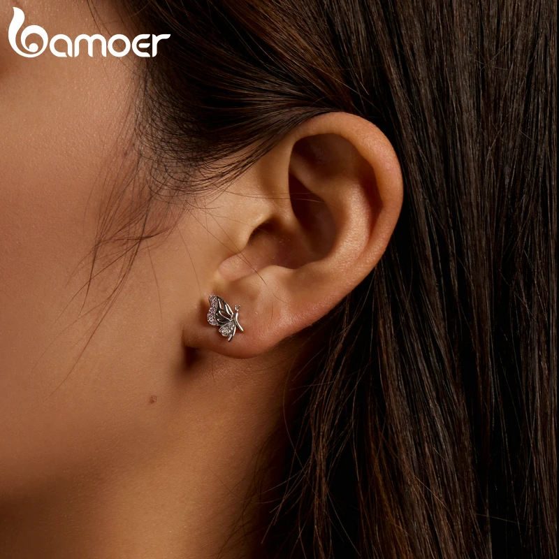 Женские серьги-гвоздики bamoer из стерлингового серебра 925 пробы с изящной бабочкой