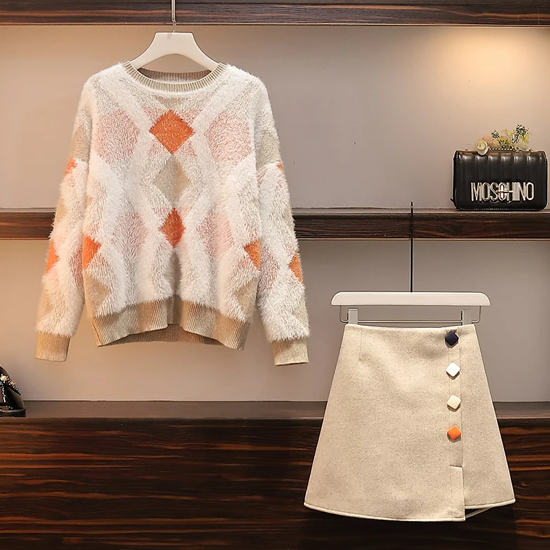 Large Size Women's Dress Plus Obese Mm200 Kg Autumn And Winter Net Red Mink Sweater + Skirt Two-piece Set |