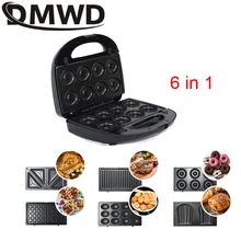 DMWD 6 in1 Electric Waffles Maker Sandwich Machine Walnuts Cake Oven Kitchen Breakfast Bubble Waffle Donuts Panini Multi-Baker