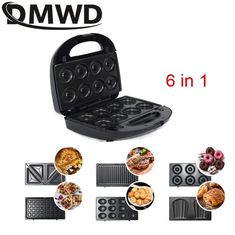 Máquina de Sanduíche Café da Manhã Dmwd Elétrica Waffles Nozes Bolo Forno Cozinha Bolha Waffle Donuts Panini Multi-padeiro 6 In1