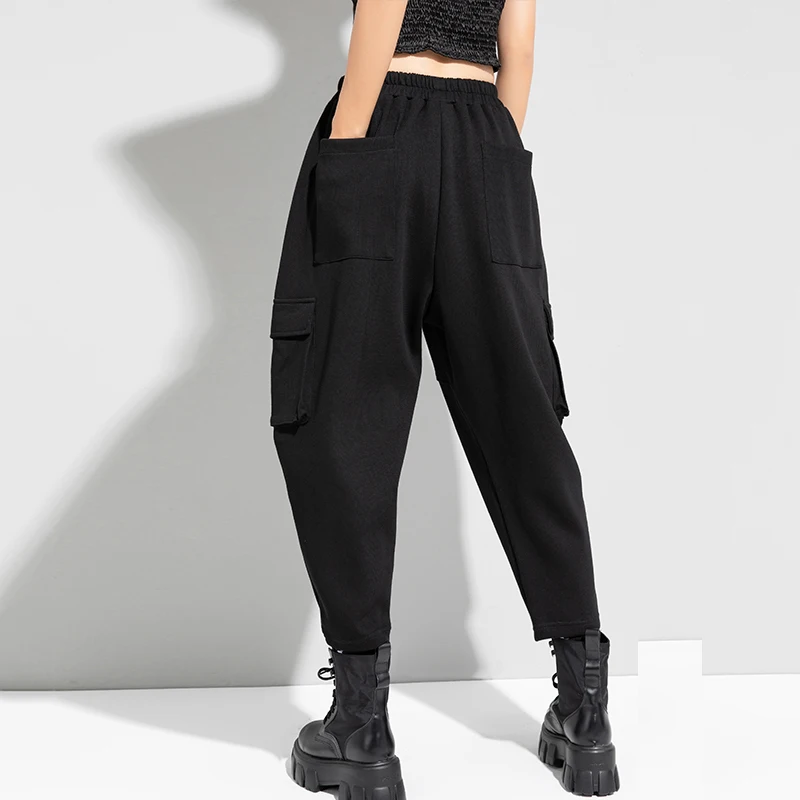 

[EAM] Big Pockets Long High Elastic Waist Harem Trousers New Loose Fit Pants Women Fashion Tide Spring Autumn 2021 1DD2568