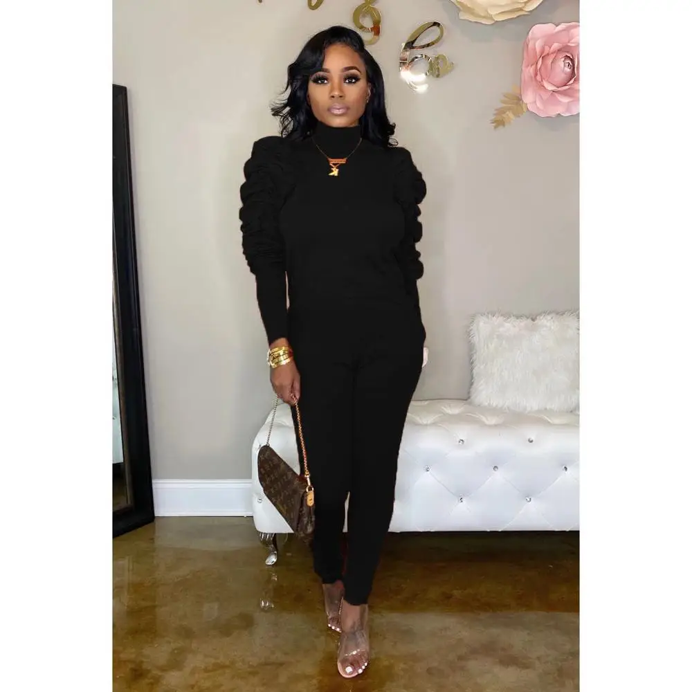 black 2 piece set Adogirl, Однотонный женский модный повседневный комплект из двух предметов, водолазка, пуловер с длинным рукавом, топ, брюки-карандаш, спортивный костюм, женская одежда - Цвет: black 2 piece set