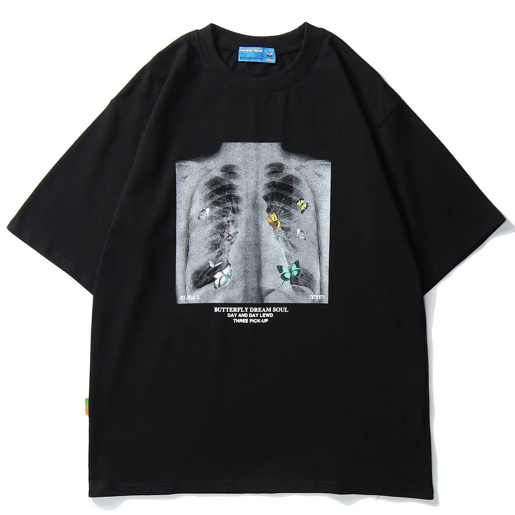 

2021 Men Hip Hop T Shirt Butterfly Picture Retro T-Shirt Streetwear Harajuku High Street Tshirt Oversized Summer Black WhiteTops