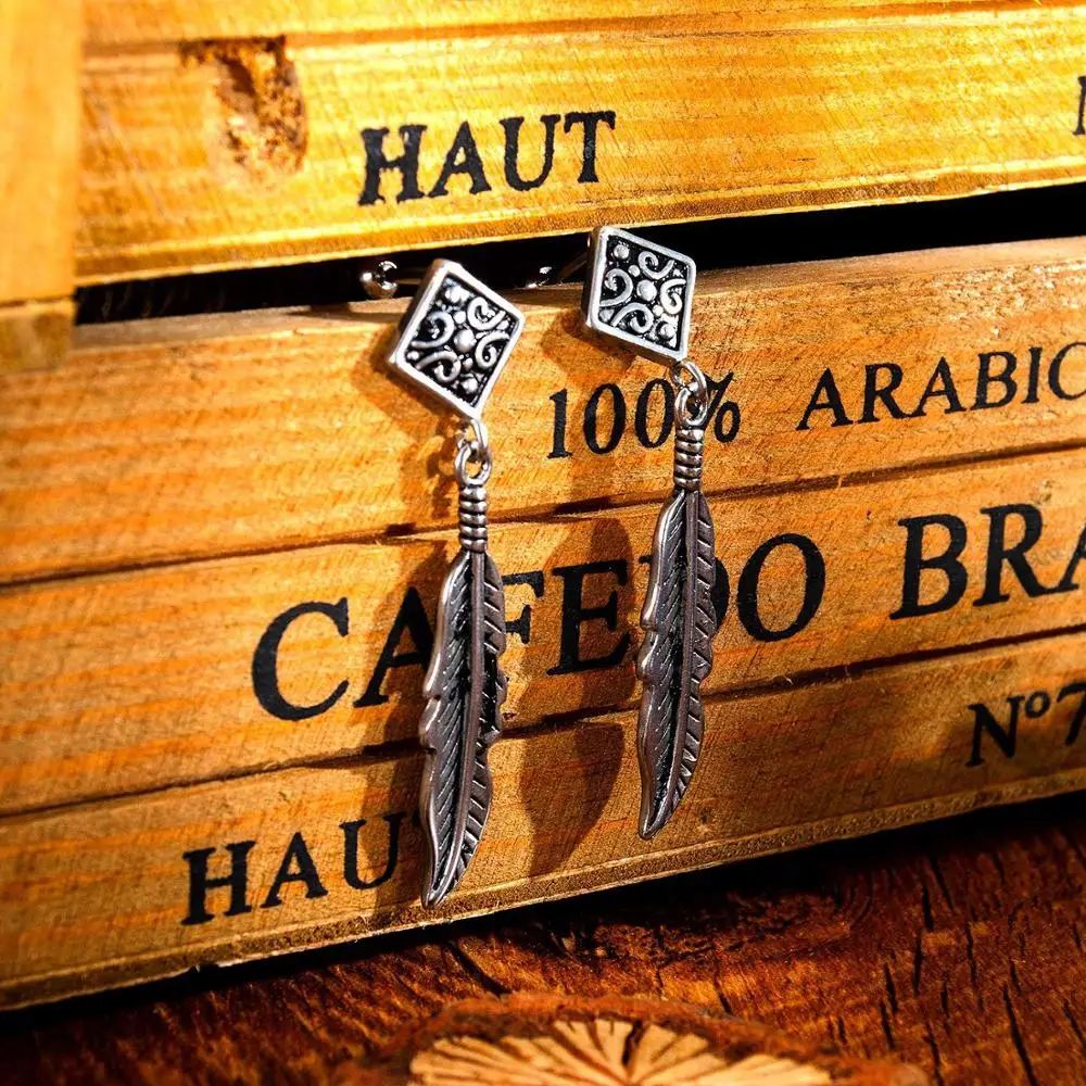 Hemiston Feather Tassels Titanium Steel Earrings Stainless Individual Punk Rock Style Fashion Mens On
