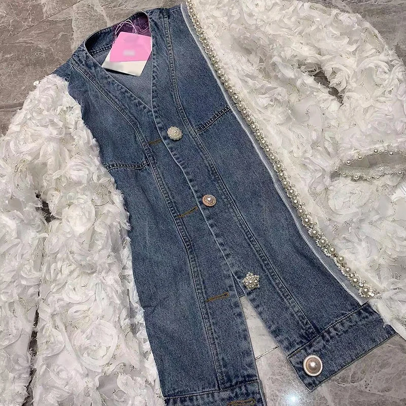 

TWOTWINSTYLE Appliques Patchwork Beading Jacket For Women V Neck Long Sleeve Denim Hit Color Jackets Female Fashion New Clothing