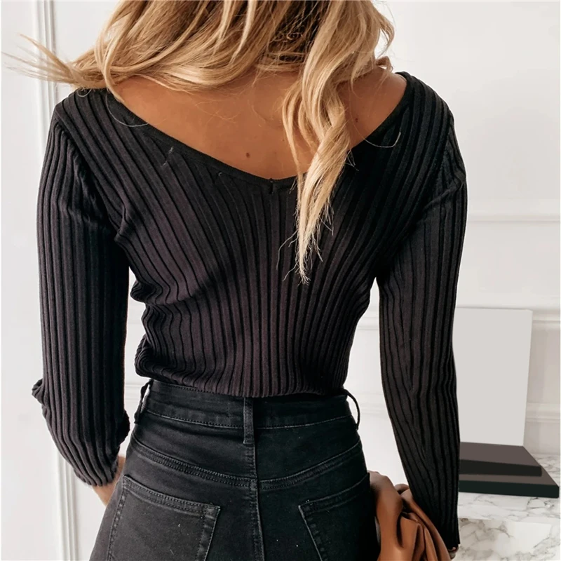 

Long Sleeve Tops Women Sexy V-Neck 2021 Autumn Winter Casual Bodycon Tees Female Solid Khaki Black Office Lady Tops Shirt
