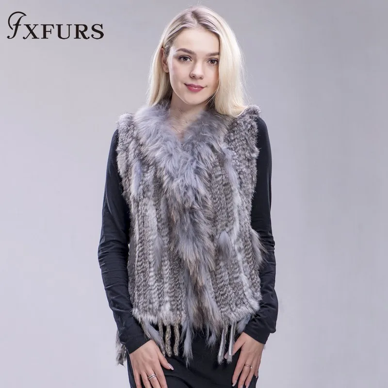 FXFURS из натурального кроличьего меха; вязаная жилетка; куртка из искусственного меха, красочные кролика, енота меховая вязаная жилетка 16 Цвета