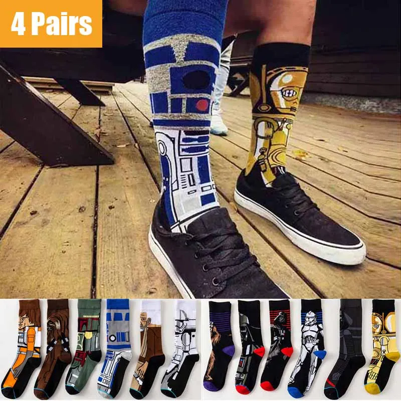 Calcetines largos de algodón con estampado de Star Wars para hombre y mujer, medias de algodón con diseño de maestro Yoda, R2-D2, Cosplay, Wookiee, Caballero Jedi, novedad, 4 pares