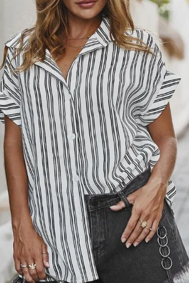 2020 Summer Striped Office Blouse Women Clothes Turn Down Collar Short Sleeve Womens Tops And Blouses Streetwear Shirts | Женская одежда