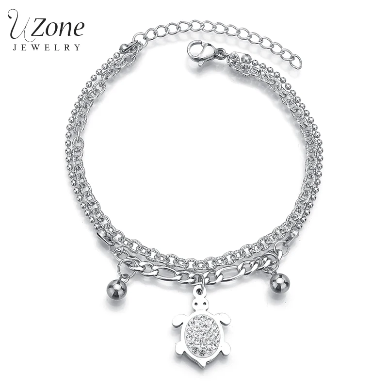 Женский браслет в виде черепахи со стразами UZone двухслойный из нержавеющей стали