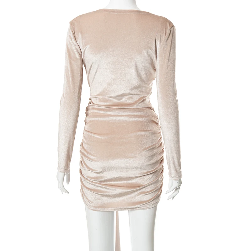 

Bomblook Sexy Party Club Bodycon Dresses For Women 2021 Summer Solid V-neck Long Sleeve Shirring Mixi Dress Female Streetwears