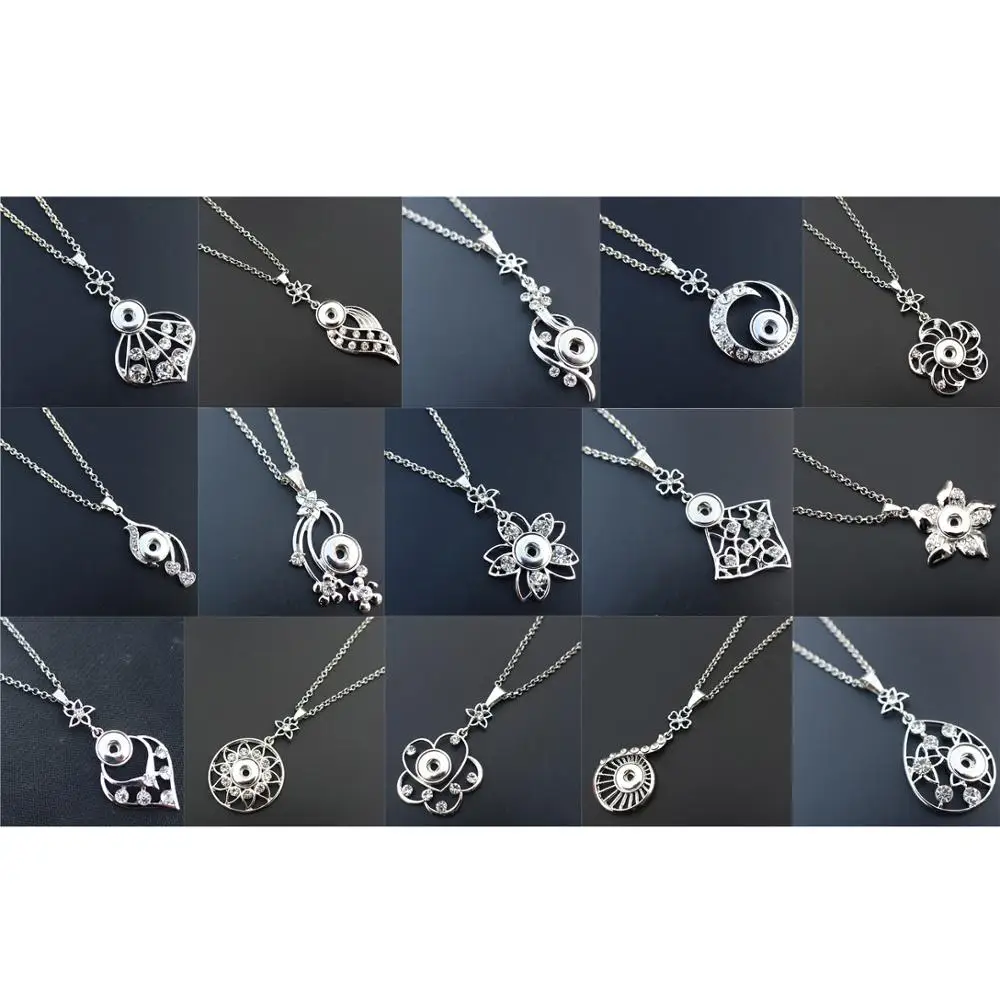 

Metal Flower Pendant Necklace with 12mm Snap Buttons Charm Pave White&Pink Rhinestone for Mom Heart Women Lady Fashion Gift